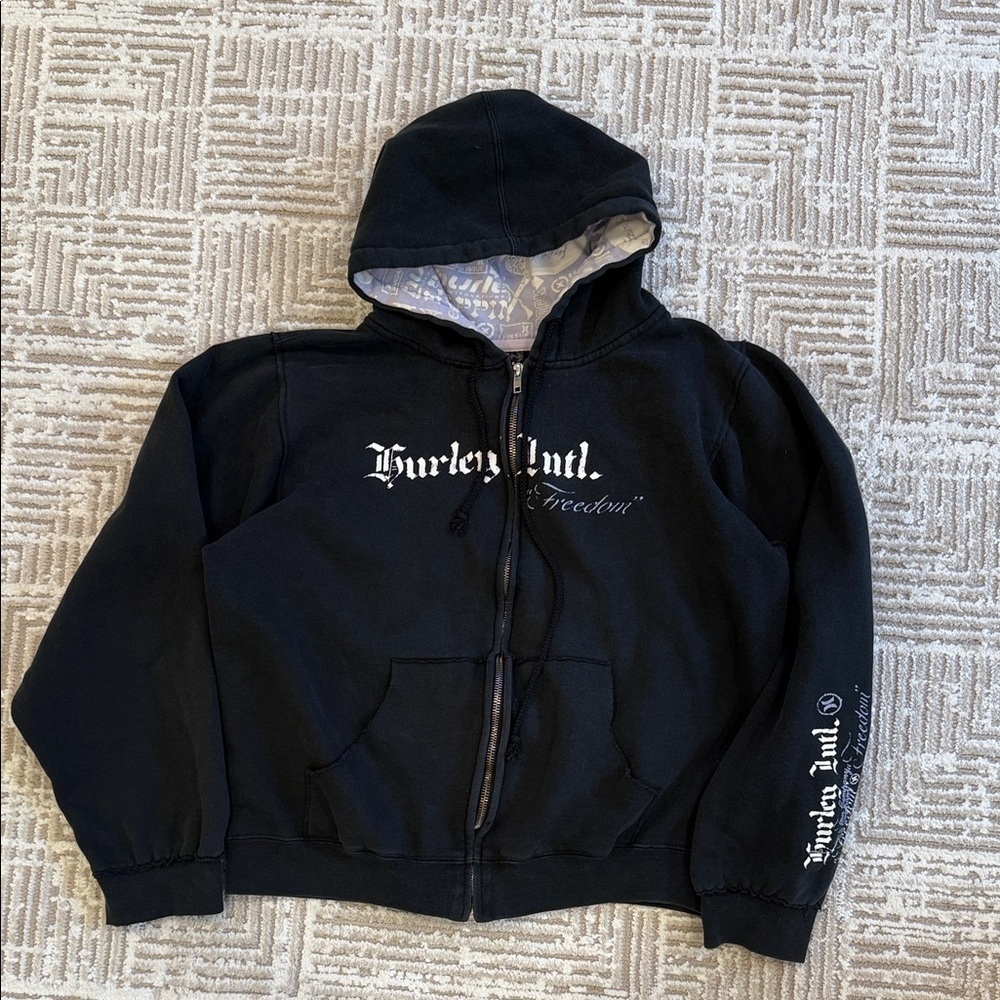 Y2K Hurley Surfwear Black Purple Distressed Zip Up Hoodie Sweatshirt